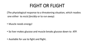 FIGHT OR FLIGHT
(The physiological response to a threatening situation, which readies
one either to resist forcibly or to run away)
• Muscle needs energy!
• So liver makes glucose and muscle breaks glucose down to ATP.
• Available for use to fight and flight.
 