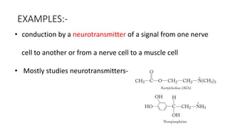 EXAMPLES:-
• conduction by a neurotransmitter of a signal from one nerve
cell to another or from a nerve cell to a muscle cell
• Mostly studies neurotransmitters-
 