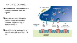 ION GATED CHANNEL
Fundamental task of neuron-to
receive, conduct, transmit
signals.
Neurons are excitable cells,
have ability to respond to
stimulus by producing an
electrical signal.
Nerve impulse propagates at
speed ranging from 0.5 to 130
ms.
 