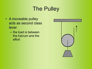 The Pulley
• A moveable pulley
acts as second class
lever
– the load is between
the fulcrum and the
effort
 