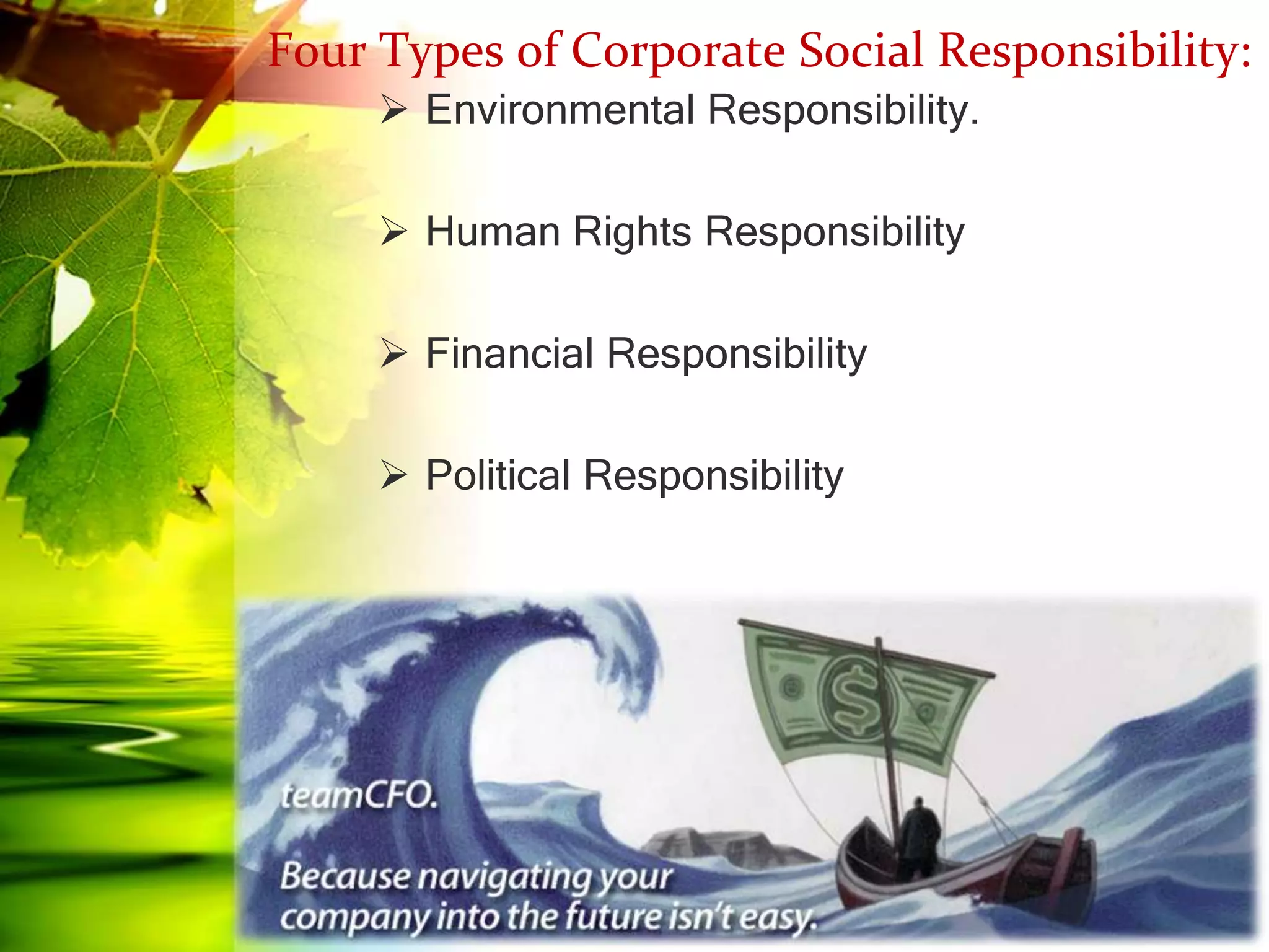 Four Types of Corporate Social Responsibility:
Environmental Responsibility.
Human Rights Responsibility
Financial Responsibility
Political Responsibility