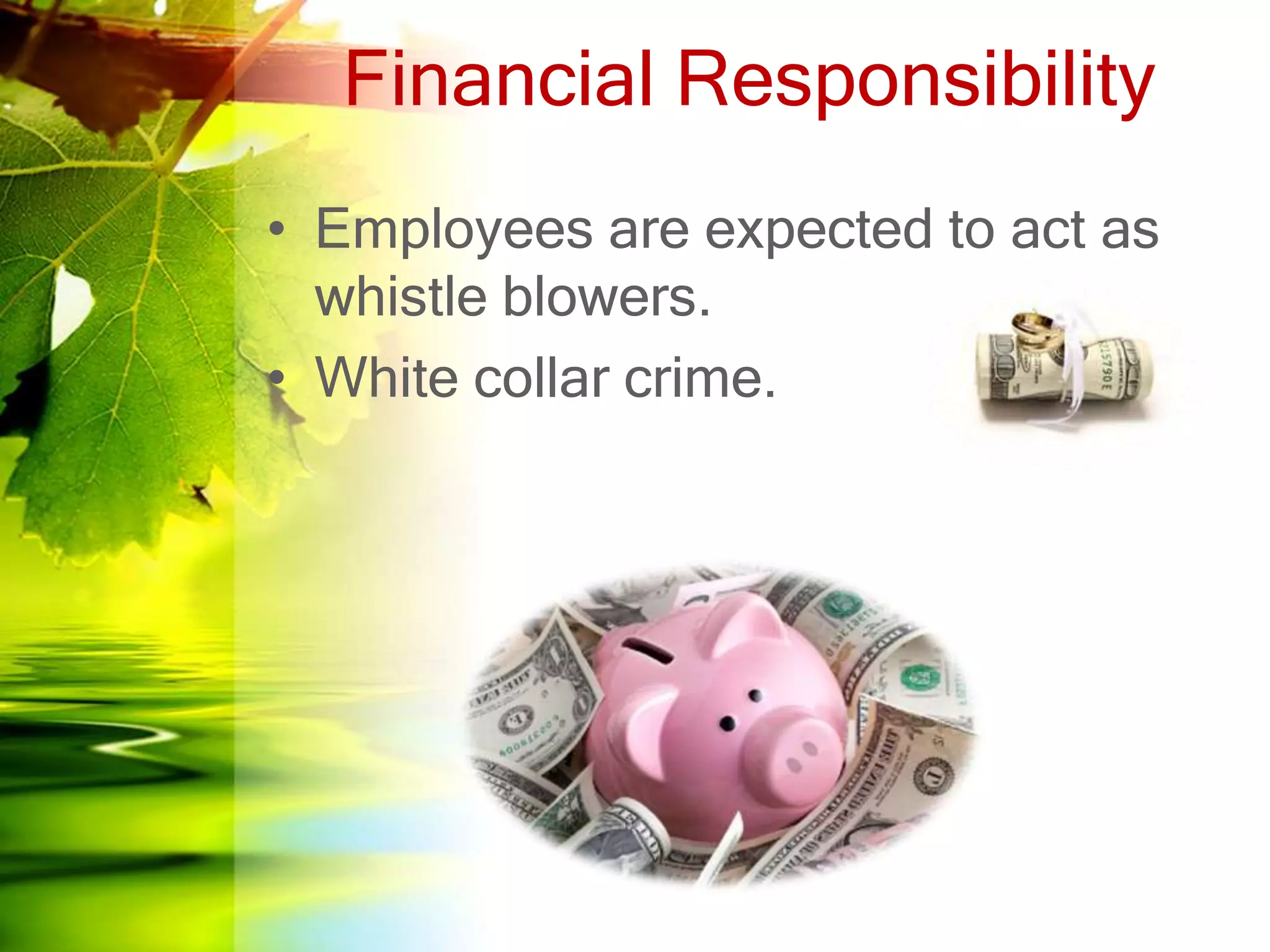 Financial Responsibility
• Employees are expected to act as
whistle blowers.
• White collar crime.