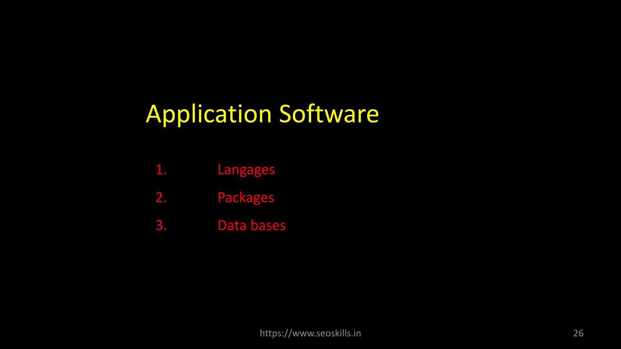 1. Langages
2. Packages
3. Data bases
Application Software
https://www.seoskills.in 26
 