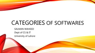 CATEGORIES OF SOFTWARES
SALMAN WAHEED
Dept of CS & IT
University of Lahore
 