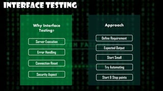 interface TESTING
Connection Reset
Server Execution
Error Handling
Why Interface
Testing?
Approach
Define Requirement
Expected Output
Start Small
Try Automating
Security Aspect
Start & Stop points
 