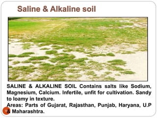 18
SALINE & ALKALINE SOIL Contains salts like Sodium,
Magnesium, Calcium. Infertile, unfit for cultivation. Sandy
to loamy in texture.
Areas: Parts of Gujarat, Rajasthan, Punjab, Haryana, U.P
& Maharashtra.
 
