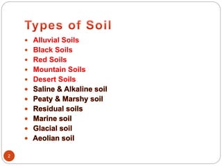 2
 Alluvial Soils
 Black Soils
 Red Soils
 Mountain Soils
 Desert Soils
 