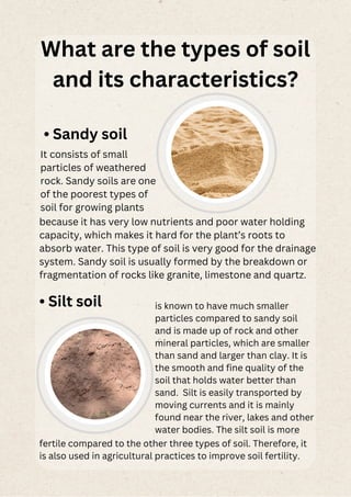 What are the types of soil
and its characteristics?
• Sandy soil
It consists of small
particles of weathered
rock. Sandy soils are one
of the poorest types of
soil for growing plants
because it has very low nutrients and poor water holding
capacity, which makes it hard for the plant’s roots to
absorb water. This type of soil is very good for the drainage
system. Sandy soil is usually formed by the breakdown or
fragmentation of rocks like granite, limestone and quartz.
• Silt soil is known to have much smaller
particles compared to sandy soil
and is made up of rock and other
mineral particles, which are smaller
than sand and larger than clay. It is
the smooth and fine quality of the
soil that holds water better than
sand. Silt is easily transported by
moving currents and it is mainly
found near the river, lakes and other
water bodies. The silt soil is more
fertile compared to the other three types of soil. Therefore, it
is also used in agricultural practices to improve soil fertility.
 