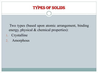 TYPES OF SOLIDS
Two types (based upon atomic arrangement, binding
energy, physical & chemical properties):
1. Crystalline
2. Amorphous
 