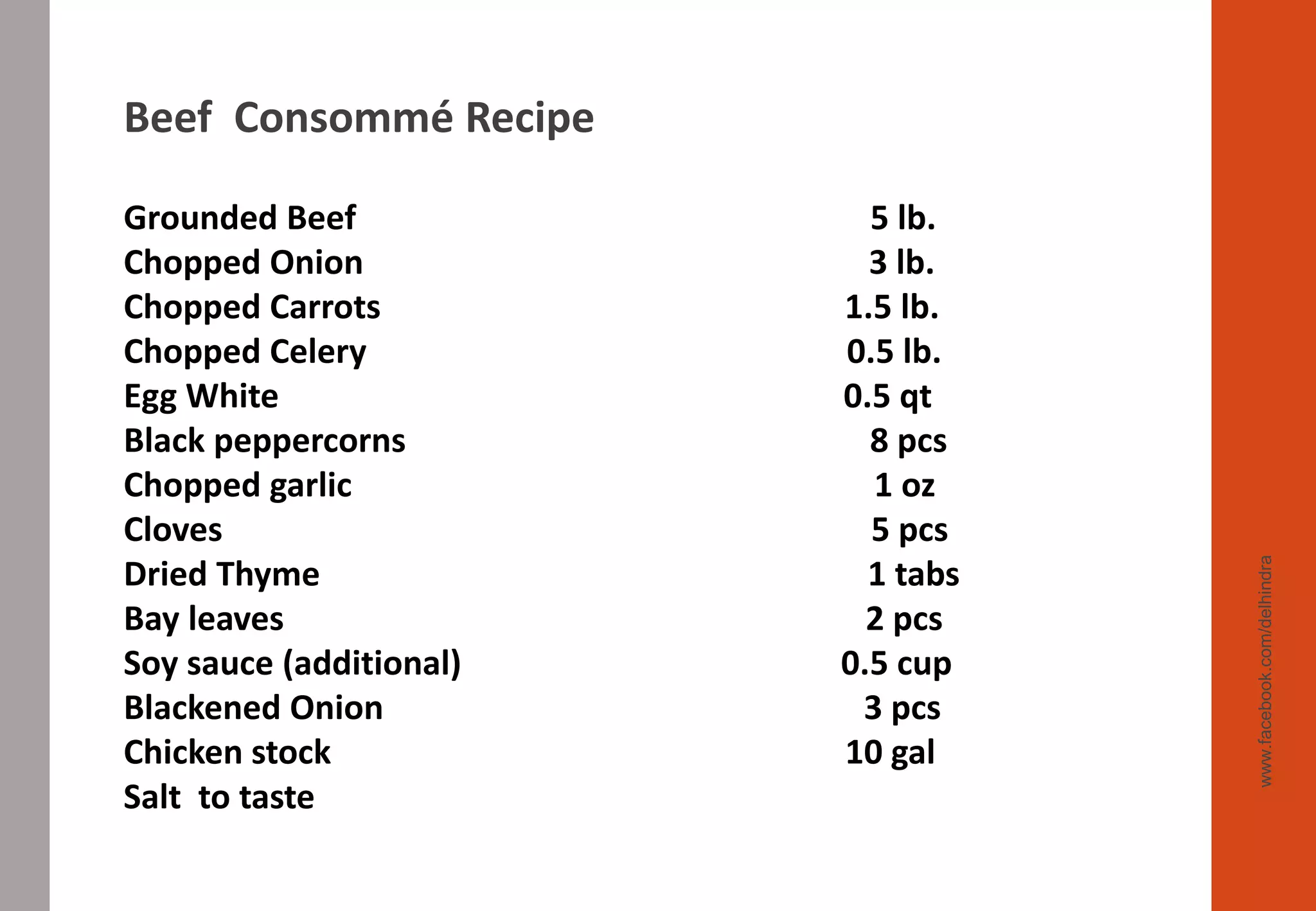 www.facebook.com/delhindra
Beef Consommé Recipe
Grounded Beef 5 lb.
Chopped Onion 3 lb.
Chopped Carrots 1.5 lb.
Chopped Celery 0.5 lb.
Egg White 0.5 qt
Black peppercorns 8 pcs
Chopped garlic 1 oz
Cloves 5 pcs
Dried Thyme 1 tabs
Bay leaves 2 pcs
Soy sauce (additional) 0.5 cup
Blackened Onion 3 pcs
Chicken stock 10 gal
Salt to taste
 