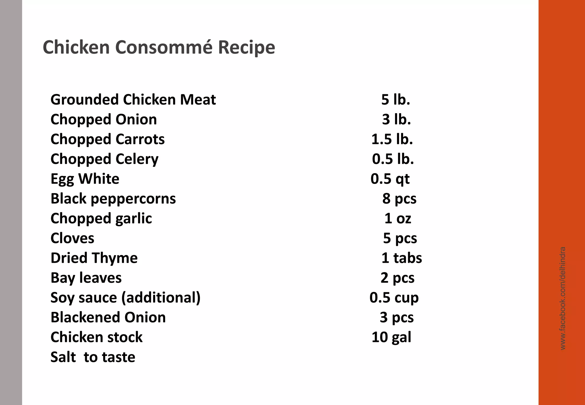www.facebook.com/delhindra
Grounded Chicken Meat 5 lb.
Chopped Onion 3 lb.
Chopped Carrots 1.5 lb.
Chopped Celery 0.5 lb.
Egg White 0.5 qt
Black peppercorns 8 pcs
Chopped garlic 1 oz
Cloves 5 pcs
Dried Thyme 1 tabs
Bay leaves 2 pcs
Soy sauce (additional) 0.5 cup
Blackened Onion 3 pcs
Chicken stock 10 gal
Salt to taste
Chicken Consommé Recipe
 