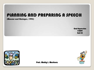PLANNING AND PREPARING A SPEECH (Monroe and Ehninger, 1995) Oral Expression I-2009 Unit III Prof. Mahly J. Martínez 
