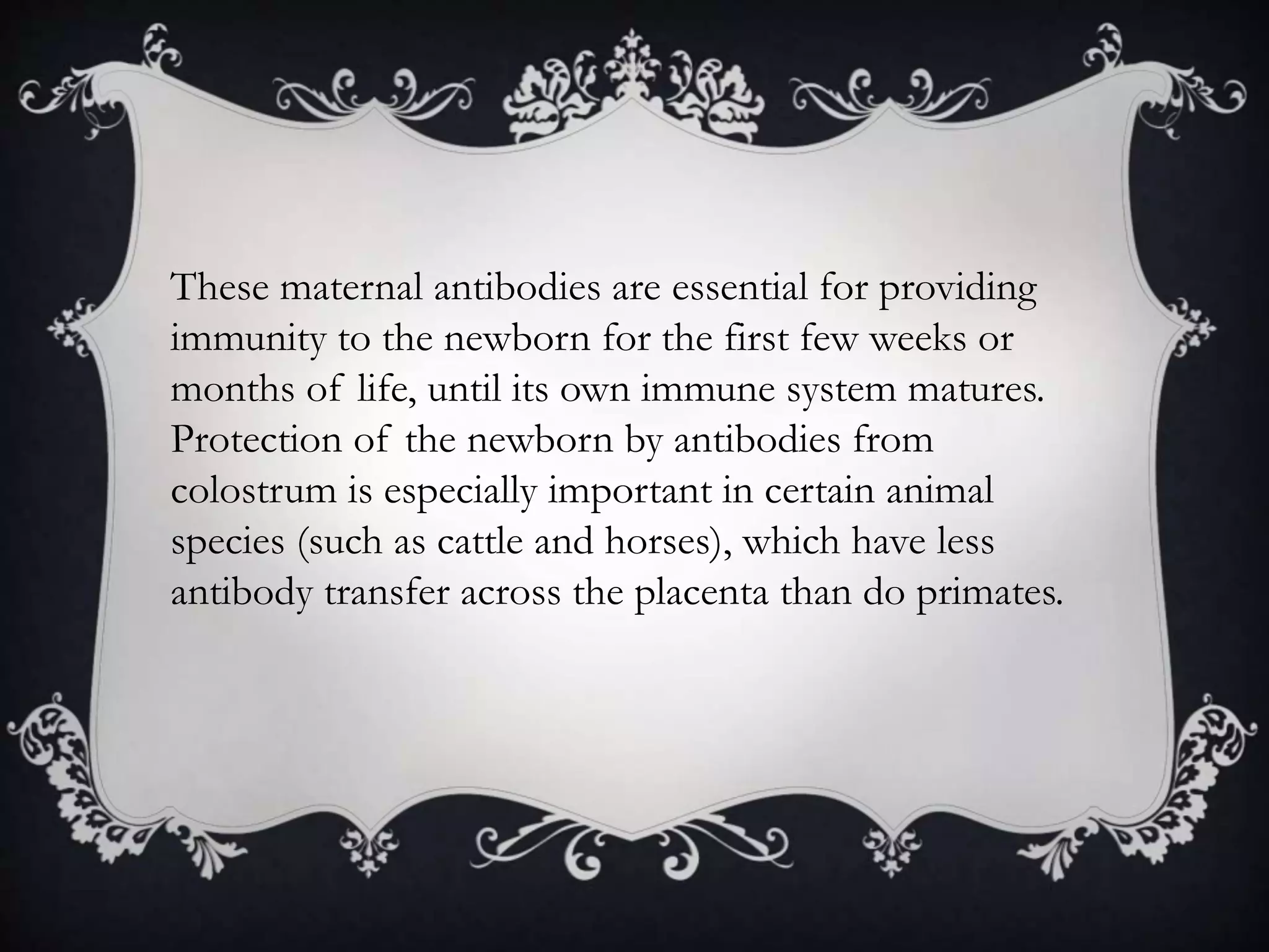 These maternal antibodies are essential for providing
immunity to the newborn for the first few weeks or
months of life, until its own immune system matures.
Protection of the newborn by antibodies from
colostrum is especially important in certain animal
species (such as cattle and horses), which have less
antibody transfer across the placenta than do primates.
 