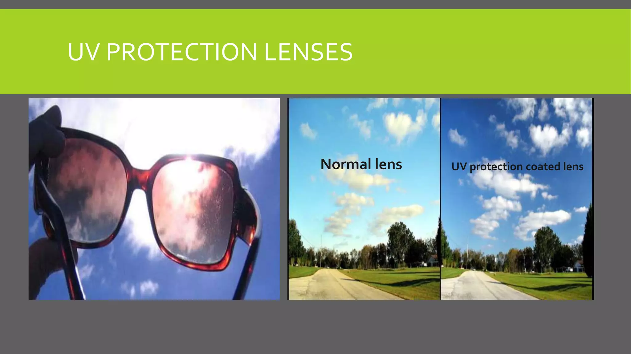 UV PROTECTION LENSES
Normal lens UV protection coated lens
 