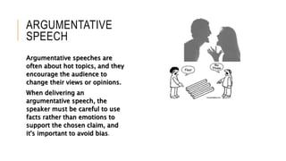ARGUMENTATIVE
SPEECH
Argumentative speeches are
often about hot topics, and they
encourage the audience to
change their views or opinions.
When delivering an
argumentative speech, the
speaker must be careful to use
facts rather than emotions to
support the chosen claim, and
it's important to avoid bias.
 
