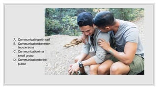 A. Communicating with self
B. Communication between
two persons
C. Communication in a
small group
D. Communication to the
public
 
