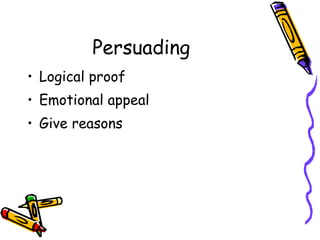 Persuading  <ul><li>Logical proof </li></ul><ul><li>Emotional appeal </li></ul><ul><li>Give reasons </li></ul>