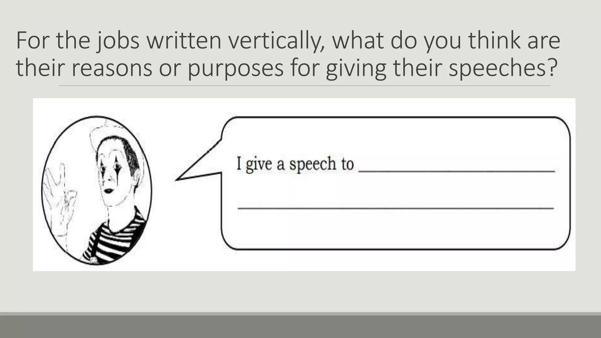 For the jobs written vertically, what do you think are
their reasons or purposes for giving their speeches?
 