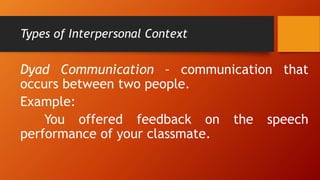 Types of Interpersonal Context
Dyad Communication – communication that
occurs between two people.
Example:
You offered feedback on the speech
performance of your classmate.
 