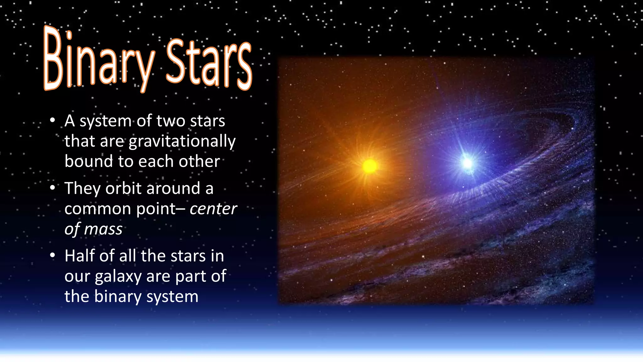 • A system of two stars
that are gravitationally
bound to each other
• They orbit around a
common point– center
of mass
• Half of all the stars in
our galaxy are part of
the binary system
 