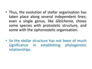 • Thus, the evolution of stellar organisation has
taken place along several independent lines;
even a single genus, like Gleichenia, shows
some species with protostelic structure, and
some with the siphonostelic organisation.
• So the stellar structure has not been of much
significance in establishing phylogenetic
relationships.
 