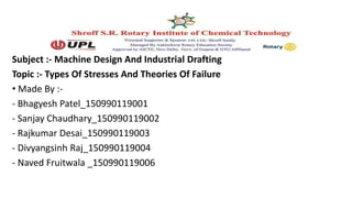 Subject :- Machine Design And Industrial Drafting
Topic :- Types Of Stresses And Theories Of Failure
• Made By :-
- Bhagyesh Patel_150990119001
- Sanjay Chaudhary_150990119002
- Rajkumar Desai_150990119003
- Divyangsinh Raj_150990119004
- Naved Fruitwala _150990119006
 