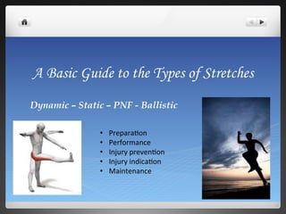 A Basic Guide to the Types of Stretches
Dynamic – Static – PNF - Ballistic

                •    Prepara&on	
  
                •    Performance	
  
                •    Injury	
  preven&on	
  
                •    Injury	
  indica&on	
  
                •    Maintenance	
  
 