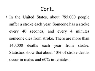 Cont..
• In the United States, about 795,000 people
suffer a stroke each year. Someone has a stroke
every 40 seconds, and every 4 minutes
someone dies from stroke. There are more than
140,000 deaths each year from stroke.
Statistics show that about 40% of stroke deaths
occur in males and 60% in females.
 