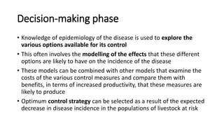 Decision-making phase
• Knowledge of epidemiology of the disease is used to explore the
various options available for its control
• This often involves the modelling of the effects that these different
options are likely to have on the incidence of the disease
• These models can be combined with other models that examine the
costs of the various control measures and compare them with
benefits, in terms of increased productivity, that these measures are
likely to produce
• Optimum control strategy can be selected as a result of the expected
decrease in disease incidence in the populations of livestock at risk
 