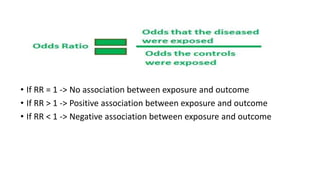 • If RR = 1 -> No association between exposure and outcome
• If RR > 1 -> Positive association between exposure and outcome
• If RR < 1 -> Negative association between exposure and outcome
 