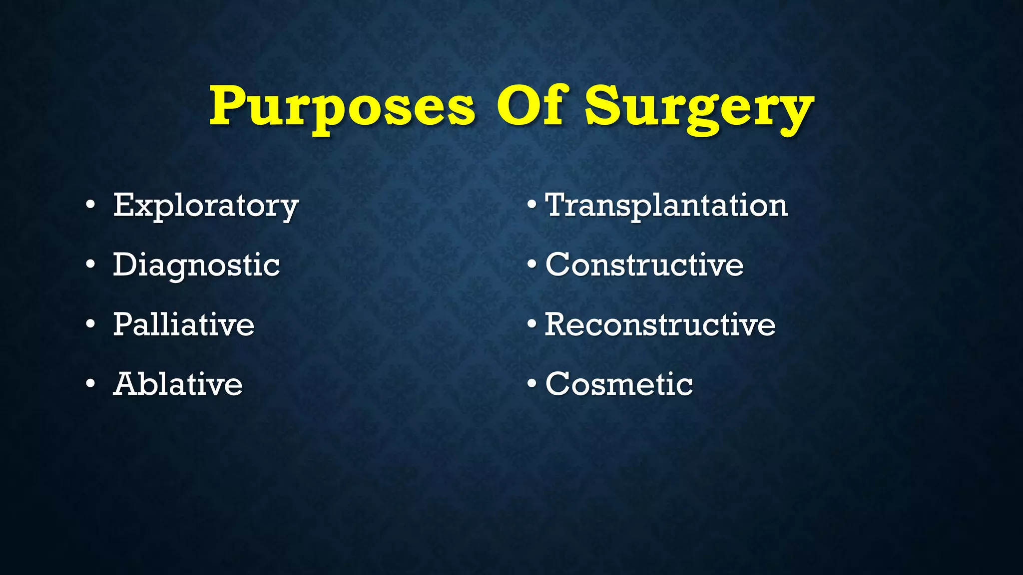Purposes Of Surgery
• Exploratory
• Diagnostic
• Palliative
• Ablative
• Transplantation
• Constructive
• Reconstructive
• Cosmetic
 