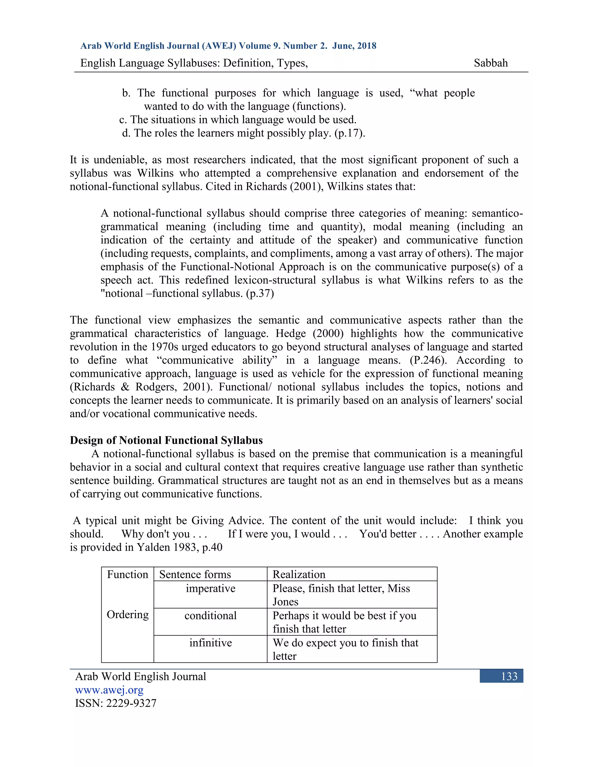 Arab World English Journal (AWEJ) Volume 9. Number 2. June, 2018
English Language Syllabuses: Definition, Types, Sabbah
Arab World English Journal
www.awej.org
ISSN: 2229-9327
133
b. The functional purposes for which language is used, “what people
wanted to do with the language (functions).
c. The situations in which language would be used.
d. The roles the learners might possibly play. (p.17).
It is undeniable, as most researchers indicated, that the most significant proponent of such a
syllabus was Wilkins who attempted a comprehensive explanation and endorsement of the
notional-functional syllabus. Cited in Richards (2001), Wilkins states that:
A notional-functional syllabus should comprise three categories of meaning: semantico-
grammatical meaning (including time and quantity), modal meaning (including an
indication of the certainty and attitude of the speaker) and communicative function
(including requests, complaints, and compliments, among a vast array of others). The major
emphasis of the Functional-Notional Approach is on the communicative purpose(s) of a
speech act. This redefined lexicon-structural syllabus is what Wilkins refers to as the
"notional –functional syllabus. (p.37)
The functional view emphasizes the semantic and communicative aspects rather than the
grammatical characteristics of language. Hedge (2000) highlights how the communicative
revolution in the 1970s urged educators to go beyond structural analyses of language and started
to define what “communicative ability” in a language means. (P.246). According to
communicative approach, language is used as vehicle for the expression of functional meaning
(Richards & Rodgers, 2001). Functional/ notional syllabus includes the topics, notions and
concepts the learner needs to communicate. It is primarily based on an analysis of learners' social
and/or vocational communicative needs.
Design of Notional Functional Syllabus
A notional-functional syllabus is based on the premise that communication is a meaningful
behavior in a social and cultural context that requires creative language use rather than synthetic
sentence building. Grammatical structures are taught not as an end in themselves but as a means
of carrying out communicative functions.
A typical unit might be Giving Advice. The content of the unit would include: I think you
should. Why don't you . . . If I were you, I would . . . You'd better . . . . Another example
is provided in Yalden 1983, p.40
Function
Ordering
Sentence forms Realization
imperative Please, finish that letter, Miss
Jones
conditional Perhaps it would be best if you
finish that letter
infinitive We do expect you to finish that
letter
 