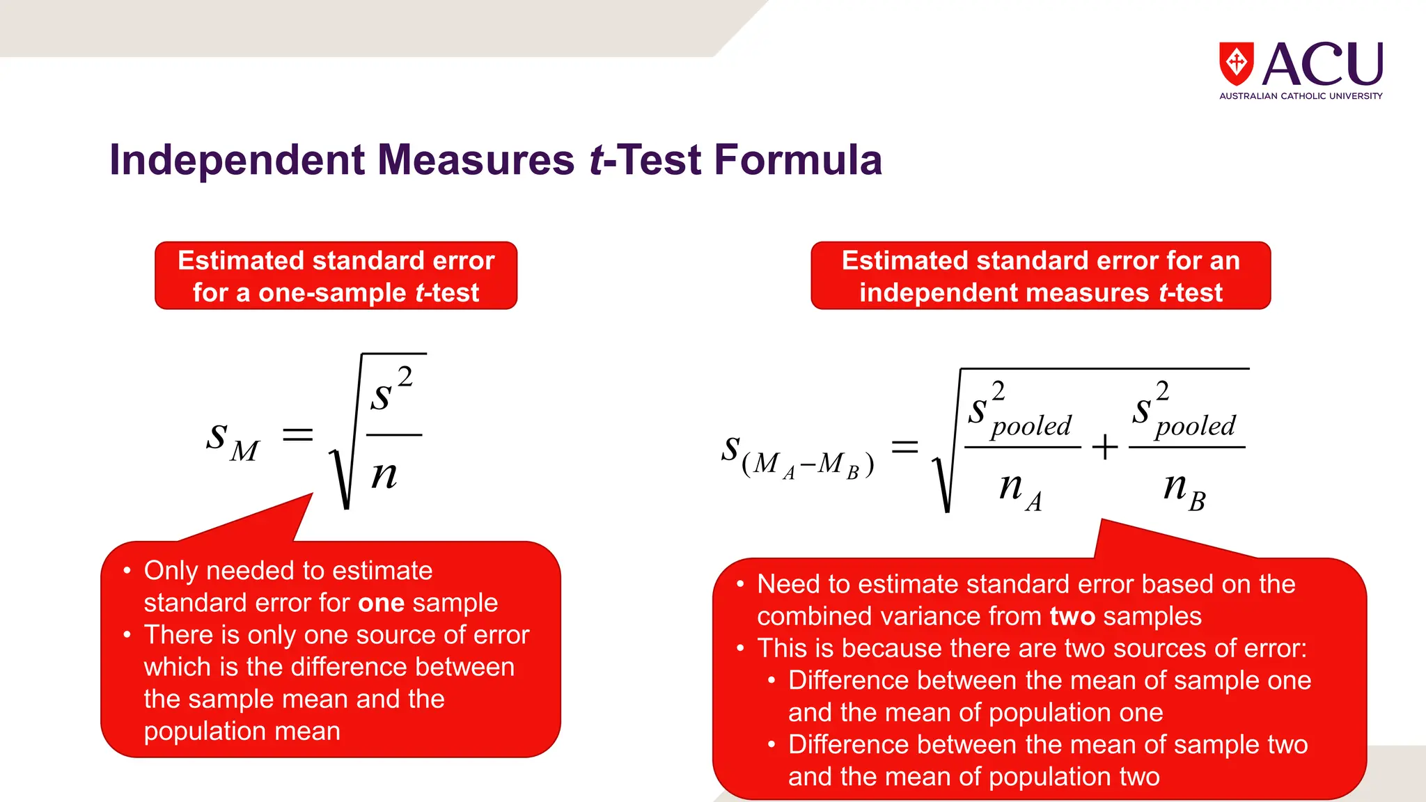 Independent Measures t-Test Formula
B
pooled
A
pooled
M
M
n
s
n
s
s B
A
2
2
)
( 


n
s
sM
2

Estimated standard error
for a one-sample t-test
Estimated standard error for an
independent measures t-test
• Only needed to estimate
standard error for one sample
• There is only one source of error
which is the difference between
the sample mean and the
population mean
• Need to estimate standard error based on the
combined variance from two samples
• This is because there are two sources of error:
• Difference between the mean of sample one
and the mean of population one
• Difference between the mean of sample two
and the mean of population two
 