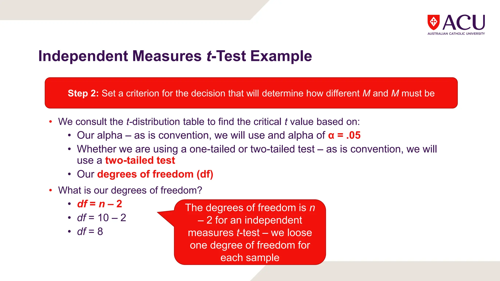 Independent Measures t-Test Example
• We consult the t-distribution table to find the critical t value based on:
• Our alpha – as is convention, we will use and alpha of α = .05
• Whether we are using a one-tailed or two-tailed test – as is convention, we will
use a two-tailed test
• Our degrees of freedom (df)
• What is our degrees of freedom?
• df = n – 2
• df = 10 – 2
• df = 8
Step 2: Set a criterion for the decision that will determine how different M and M must be
The degrees of freedom is n
– 2 for an independent
measures t-test – we loose
one degree of freedom for
each sample
 