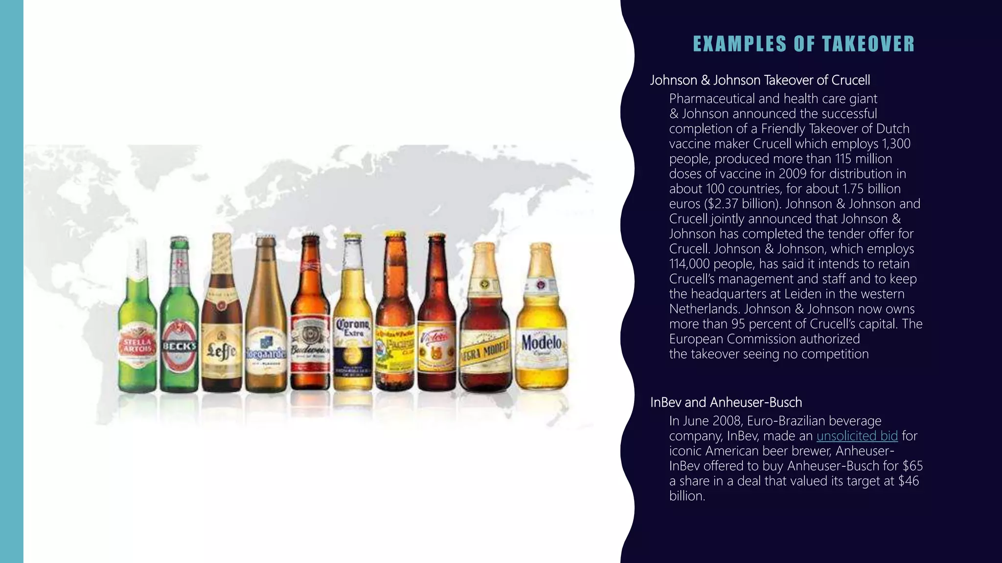 EXAMPLES OF TAKEOVER
Johnson & Johnson Takeover of Crucell
• Pharmaceutical and health care giant
& Johnson announced the successful
completion of a Friendly Takeover of Dutch
vaccine maker Crucell which employs 1,300
people, produced more than 115 million
doses of vaccine in 2009 for distribution in
about 100 countries, for about 1.75 billion
euros ($2.37 billion). Johnson & Johnson and
Crucell jointly announced that Johnson &
Johnson has completed the tender offer for
Crucell. Johnson & Johnson, which employs
114,000 people, has said it intends to retain
Crucell’s management and staff and to keep
the headquarters at Leiden in the western
Netherlands. Johnson & Johnson now owns
more than 95 percent of Crucell’s capital. The
European Commission authorized
the takeover seeing no competition
InBev and Anheuser-Busch
• In June 2008, Euro-Brazilian beverage
company, InBev, made an unsolicited bid for
iconic American beer brewer, Anheuser-
InBev offered to buy Anheuser-Busch for $65
a share in a deal that valued its target at $46
billion.
 