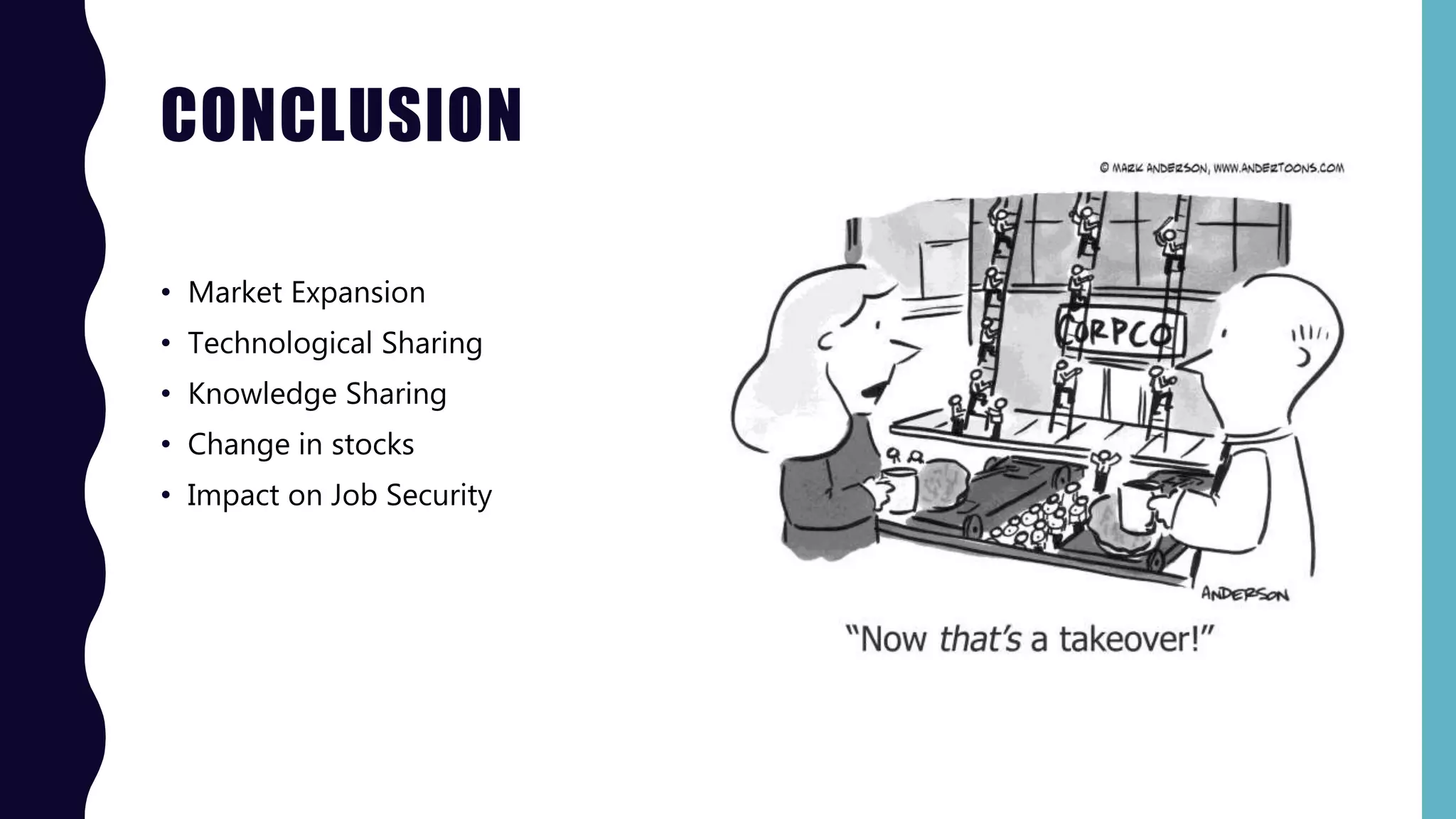 CONCLUSION
• Market Expansion
• Technological Sharing
• Knowledge Sharing
• Change in stocks
• Impact on Job Security
 