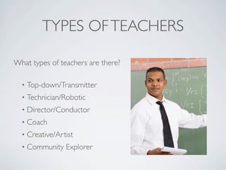 TYPES OF TEACHERS

What types of teachers are there?

  •   Top-down/Transmitter
  •   Technician/Robotic
  •   Director/Conductor
  •   Coach
  •   Creative/Artist
  •   Community Explorer
 