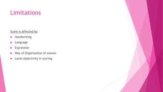 Limitations
Score is affected by
 Handwriting
 Language
 Expression
 Way of Organisation of answer
 Lacks objectivity in scoring
 