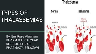 TYPES OF
THALASSEMIAS
By: Emi Rose Abraham
PHARM D FIFTH YEAR
KLE COLLEGE OF
PHARMACY, BELAGAVI
 