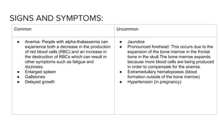 SIGNS AND SYMPTOMS:
Common Uncommon
● Anemia: People with alpha-thalassemia can
experience both a decrease in the production
of red blood cells (RBC) and an increase in
the destruction of RBCs which can result in
other symptoms such as fatigue and
dizziness.
● Enlarged spleen
● Gallstones
● Delayed growth
● Jaundice
● Pronounced forehead: This occurs due to the
expansion of the bone marrow in the frontal
bone in the skull.The bone marrow expands
because more blood cells are being produced
in order to compensate for the anemia.
● Extramedullary hematopoesis (blood
formation outside of the bone marrow)
● Hypertension (in pregnancy)
 