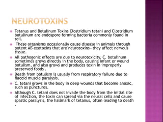  Tetanus and Botulinum Toxins Clostridium tetani and Clostridium
botulinum are endospore forming bacteria commonly found in
soil.
 These organisms occasionally cause disease in animals through
potent AB exotoxins that are neurotoxins—they affect nervous
tissue.
 All pathogenic effects are due to neurotoxicity. C. botulinum
sometimes grows directly in the body, causing infant or wound
botulism, and also grows and produces toxin in improperly
preserved foods .
 Death from botulism is usually from respiratory failure due to
ﬂaccid muscle paralysis.
 C. tetani grows in the body in deep wounds that become anoxic,
such as punctures.
 Although C. tetani does not invade the body from the initial site
of infection, the toxin can spread via the neural cells and cause
spastic paralysis, the hallmark of tetanus, often leading to death
.
 