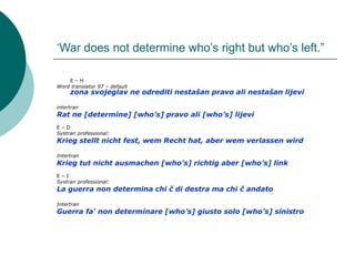 ‘War does not determine who’s right but who’s left.”
E – H
Word translator 97 – default
zona svojeglav ne odrediti nestašan pravo ali nestašan lijevi
intertran
Rat ne [determine] [who’s] pravo ali [who’s] lijevi
E – D
Systran professional:
Krieg stellt nicht fest, wem Recht hat, aber wem verlassen wird
Intertran
Krieg tut nicht ausmachen [who’s] richtig aber [who’s] link
E – I
Systran professional:
La guerra non determina chi č di destra ma chi č andato
Intertran
Guerra fa' non determinare [who’s] giusto solo [who’s] sinistro
 