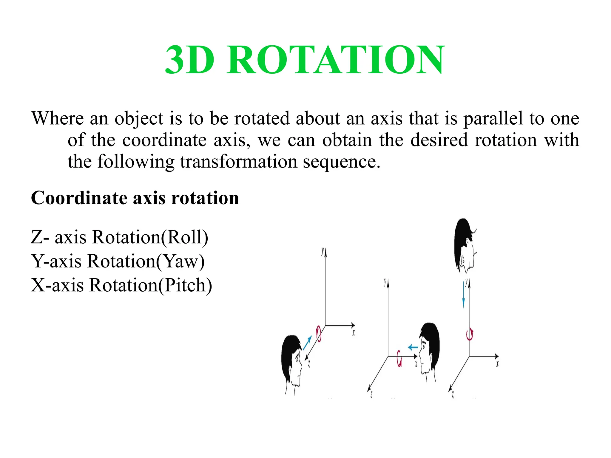 3D ROTATION
Where an object is to be rotated about an axis that is parallel to one
of the coordinate axis, we can obtain the desired rotation with
the following transformation sequence.
Coordinate axis rotation
Z- axis Rotation(Roll)
Y-axis Rotation(Yaw)
X-axis Rotation(Pitch)
 