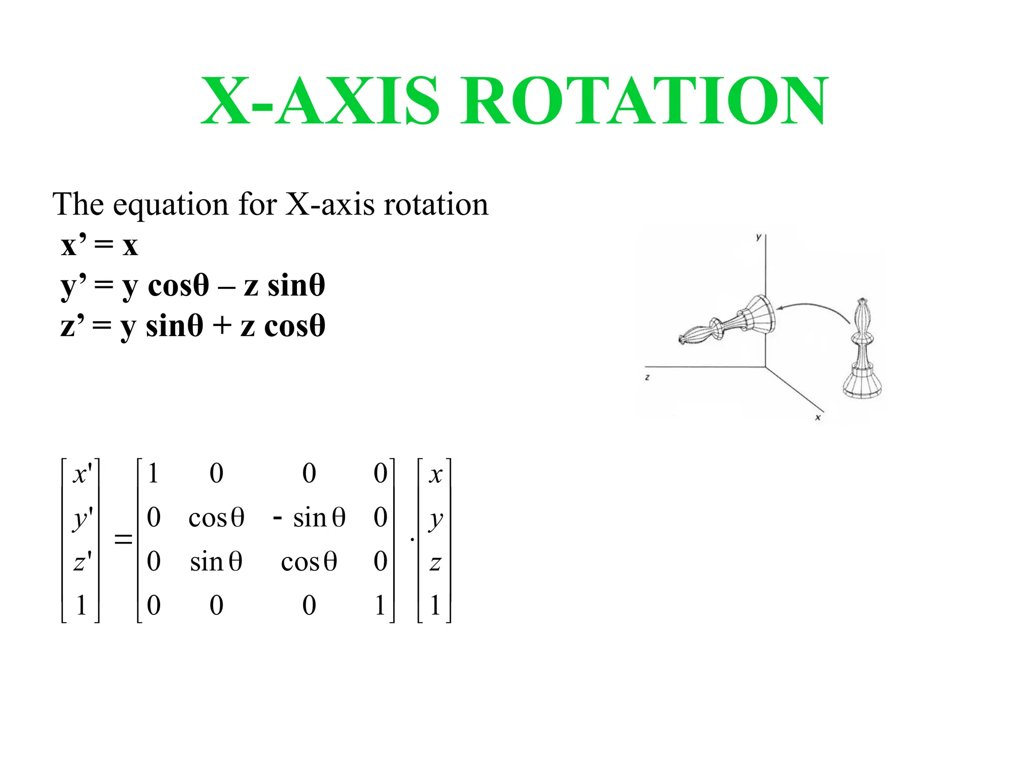 X-AXIS ROTATION
The equation for X-axis rotation
x’ = x
y’ = y cosθ – z sinθ
z’ = y sinθ + z cosθ











































1
1
0
0
0
0
cos
sin
0
0
sin
cos
0
0
0
0
1
1
'
'
'
z
y
x
z
y
x
 