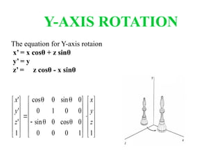 Y-AXIS ROTATION
The equation for Y-axis rotaion
x’ = x cosθ + z sinθ
y’ = y
z’ = z cosθ - x sinθ











































1
1
0
0
0
0
cos
0
sin
0
0
1
0
0
sin
0
cos
1
'
'
'
z
y
x
z
y
x
 
