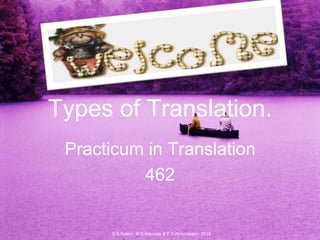 Types of Translation.
Practicum in Translation
462
S.S.Salem, M.S.Alsubaie & F.Y.Almuntashri. 2010
 
