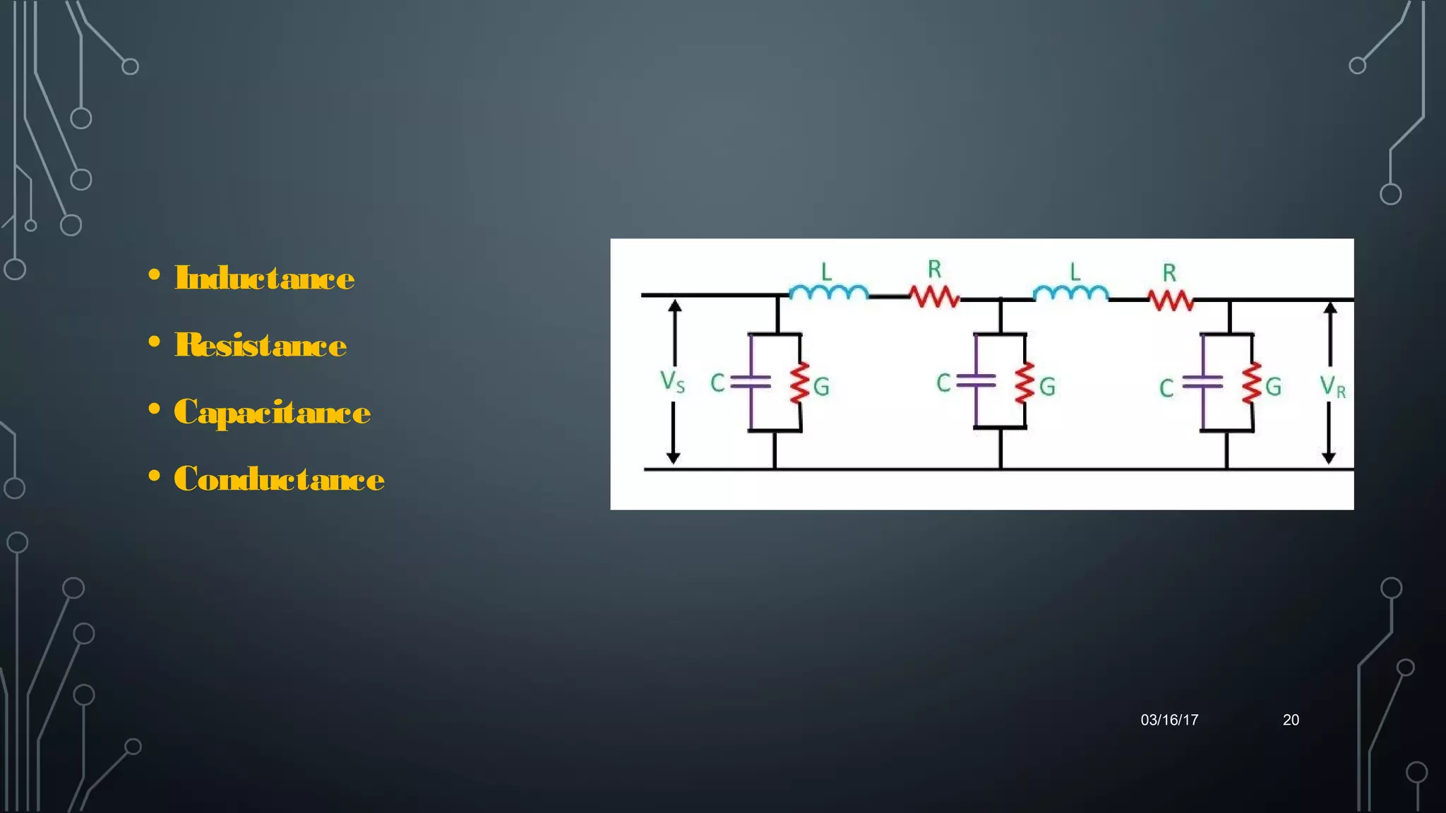 • Inductance
• Resistance
• Capacitance
• Conductance
03/16/17 20
 