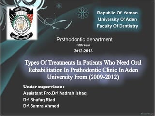 Republic Of Yemen
                                      University Of Aden
                                      Faculty Of Dentistry


               Prsthodontic department
                         Fifth Year
                        2012-2013




Under supervison :
Assistant Pro.Dr Nadrah Ishaq
Dr Shafaq Riad
Dr Samra Ahmed
 