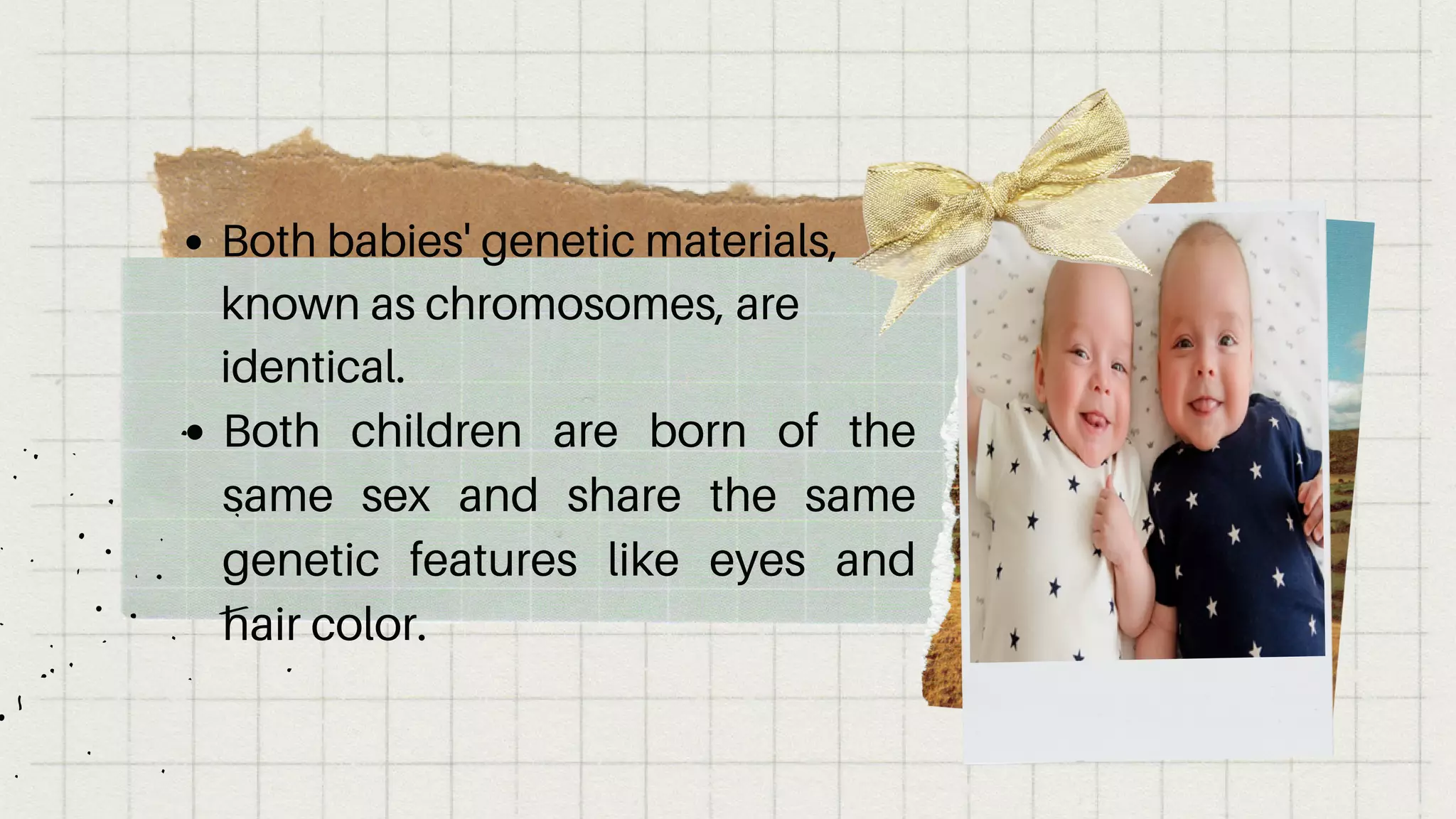Both babies' genetic materials,
known as chromosomes, are
identical.
Both children are born of the
same sex and share the same
genetic features like eyes and
hair color.


 