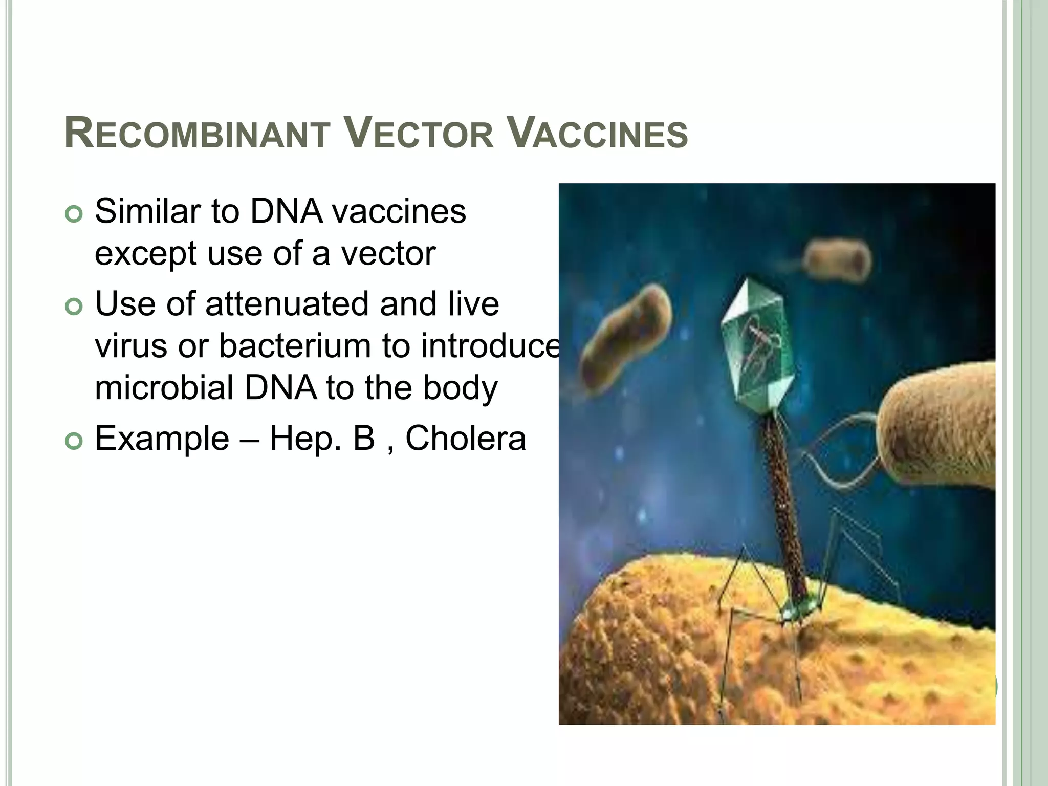 RECOMBINANT VECTOR VACCINES
 Similar to DNA vaccines
except use of a vector
 Use of attenuated and live
virus or bacterium to introduce
microbial DNA to the body
 Example – Hep. B , Cholera
12
 